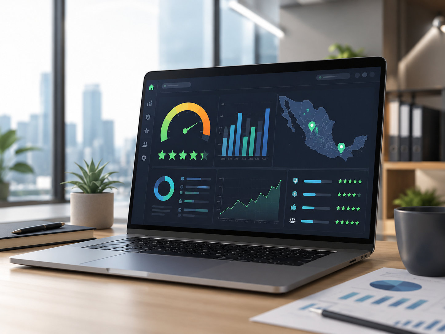 Tablero digital con medidor de confianza empresarial, gráficas y mapa de México